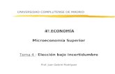 UNIVERSIDAD COMPLUTENSE DE MADRID 4º ECONOMÍA Microeconomía Superior Tema 4 : Elección bajo incertidumbre Prof. Juan Gabriel Rodríguez.