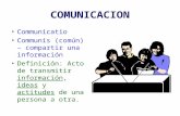 COMUNICACION Communicatio Communis (común) – compartir una información Definición: Acto de transmitir información, ideas y actitudes de una persona a otra.