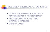 1 ESCUELA SINDICAL U. DE CHILE CLASE LA PROTECCION DE LA MATERNIDAD Y PATERNIDAD PROFESORA: M. CRISTINA GAJARDO HARBOE Versión 2010.