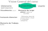 Vision General del curso Conocimiento Visualmente (cap.3) Obtenerlo (percepcion) Prestando Atencion Usarlo Memoria de Trabajo. Buffer - Diferentes tipos.