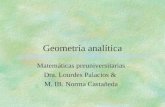 Geometría analítica Matemáticas preuniversitarias Dra. Lourdes Palacios & M. IB. Norma Castañeda.
