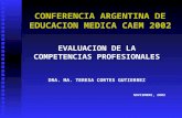 EVALUACION DE LA COMPETENCIAS PROFESIONALES DRA. MA. TERESA CORTES GUTIERREZ NOVIEMBRE, 2002 CONFERENCIA ARGENTINA DE EDUCACION MEDICA CAEM 2002.
