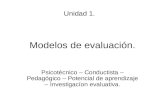 Modelos de evaluación. Psicotécnico – Conductista – Pedagógico – Potencial de aprendizaje – Investigacíon evaluativa. Unidad 1