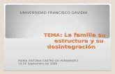 TEMA : La familia su estructura y su desintegración. UNIVERSIDAD FRANCISCO GAVIDIA MARIA ANTONIA CASTRO DE HERNANDEZ 19 DE Septiembre de 2009.