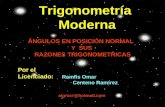 Trigonometría Moderna Por el Licenciado: Ramfis Omar Centeno Ramírez algrocr@hotmail.com ÁNGULOS EN POSICIÓN NORMAL Y SUS RAZONES TRIGONOMETRICAS.