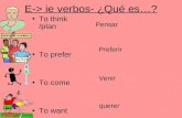 E-> ie verbos- ¿Qué es…? To think /plan To prefer To come To want Pensar Preferir Venir querer.