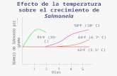 Efecto de la temperatura sobre el crecimiento de Salmonela Número de Salmonela por gramo Días 21 45 3 95 o F (35 o C) 50 o F (10 o C) 44 o F (6.7 o C)