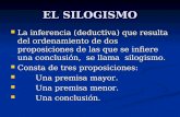 EL SILOGISMO La inferencia (deductiva) que resulta del ordenamiento de dos proposiciones de las que se infiere una conclusión, se llama silogismo. La inferencia.