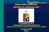 Universidad de Chile Vicerrectoría de Asuntos Académicos DEMRE 4 de enero de 2005 9:30 hrs. RESULTADOS SELECCIÓN PROCESO DE ADMISIÓN 2005 UNIVERSIDAD DE.