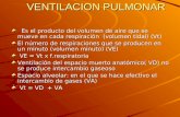 VENTILACION PULMONAR VENTILACION PULMONAR Es el producto del volumen de aire que se mueve en cada respiración (volumen tidal) (Vt) Es el producto del volumen.