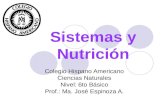 Sistemas y Nutrición Colegio Hispano Americano Ciencias Naturales Nivel: 6to Básico Prof.: Ma. José Espinoza A.