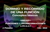 DOMINIO Y RECORRIDO DE UNA FUNCIÓN Conceptos básicos UNIDAD I FUNCIONES Y TRANSFORMACIONES A.PR.11.2.1 J. PomalesCeL - 2010.