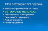 Plan estratégico del negocio.  Selección y presentación de la idea.  ESTUDIO DE MERCADO.  Estudio técnico o de ingeniería.  Organización del proyecto.
