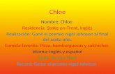 Chloe Nombre: Chloe Residencia: Stoke-on-Trent, Inglés Realización: Gané el premio nigel Johnson al final del sexto año. Comida favorita: Pizza, hamburguesas.