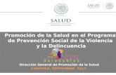 Dirección General de Promoción de la Salud COAHUILA, SEPTIEMBRE 2014 Promoción de la Salud en el Programa de Prevención Social de la Violencia y la Delincuencia.