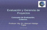 Evaluacion de Proyectos1 Concepto de Evaluación. Criterios. Profesor: Mg. Ec. Manuel Hidalgo Tupia Evaluación y Gerencia de Proyectos.