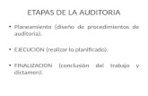 ETAPAS DE LA AUDITORIA Planeamiento (diseño de procedimientos de auditoria). EJECUCION (realizar lo planificado). FINALIZACION (conclusión del trabajo.