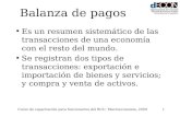Curso de capacitación para funcionarios del BCU. Macroeconomía, 20091 Balanza de pagos Es un resumen sistemático de las transacciones de una economía con.