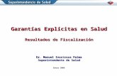 Garantías Explícitas en Salud Resultados de Fiscalización Dr. Manuel Inostroza Palma Superintendente de Salud Enero 2006.