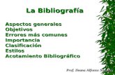 La Bibliografía Aspectos generales Objetivos Errores más comunes Importancia Clasificación Estilos Acotamiento Bibliográfico Prof. Ileana Alfonso Sánchez.