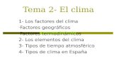 Tema 2- El clima 1- Los factores del clima - Factores geográficos - Factores termodinámicos 2- Los elementos del clima 3- Tipos de tiempo atmosférico 4-