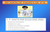 REUNIÓN DE PADRES DE 4º B C. P. SANTA ANA (Curso 2005-2006) 1.EQUIPO DE PROFESORESEQUIPO DE PROFESORES 2.HORARIO DE CLASEHORARIO DE CLASE 3.HORARIO DE.