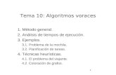 1 Tema 10: Algoritmos voraces 1. Método general. 2. Análisis de tiempos de ejecución. 3. Ejemplos. 3.1. Problema de la mochila. 3.2. Planificación de tareas.