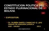 Ruben.dar@hotmail.com1 CONSTITUCION POLITICA DEL ESTADO PLURINACIONAL DE BOLIVIA EXPOSITOR: Dr. RUBÉN DARÍO CAMACHO Q. JEFE UNIDAD DE ASESORÍA JURÍDICA.