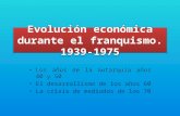 Evolución económica durante el franquismo. 1939-1975 Los años de la autarquía años 40 y 50 El desarrollismo de los años 60 La crisis de mediados de los.