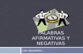 PALABRAS AFIRMATIVAS Y NEGATIVAS Los opuestos…. Como se usa en español… En español, hay palabras que indican si la frase es afirmativo o negativa. Afirmativa.