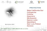 UNA VISIÓN EN EL CUMPLIMIENTO DE LA LGCG Municipios 2015 PROYECTOS Baja California Sur CampecheColimaGuerreroMichoacán Nuevo León Querétaro San Luis Potosí.