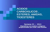 ACIDOS CARBOXILICOS, ESTERES, AMIDAS, TIOESTERES Semana 22 -- 2013 Diapositivas con cuadros e imágenes proporcionados por Licda: Lilian Guzmán.