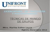 TÉCNICAS DE MANEJO DE GRUPOS Mtra. Martha Esther Leyva Agosto-Diciembre 2012.