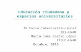 Educación ciudadana y espacios universitarios IX Curso Interinstitucional SES-UNAM María Inés Castro López IISUE-UNAM Octubre, 2015.