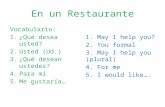 En un Restaurante Vocabulario: 1.¿Qué desea usted? 2.Usted (Ud.) 3.¿Qué desean ustedes? 4.Para mí 5.Me gustaría… 1. May I help you? 2. You formal 3. May.