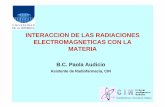 INTERACCION DE LAS RADIACIONES ... y Flujo Intensidad: cantidad de unidades energéticas (partículas o fotones) por unidad de tiempo (Ampere, Coulombios/seg.) Flujo: cantidad de ...