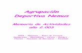 Memoria de Actividades - nemus.org · 33) 15/08/03 Barranco de Gorgol Barrancos 45 34) 20/08/03 Vega de Liordes Montañismo 46 35) 21-23/08/03 Torre Cerredo Escalada 47 Septiembre