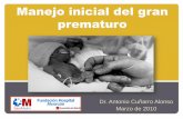 Manejo inicial del gran prematuro - Antonio Cuñarro · Fluidoterapia IV a 70-80 mL/Kg/día el 1er día, con incrementos diarios de 10-20 mL/Kg/día, o según necesidades: DAP, luminoterapia…